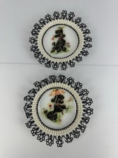 Vintage 1950s Black Poodle Wall Plaques Pair Glass Crochet Paw Trim picture