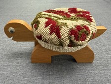 Vintage Wooden Turtle Pin Cushion Floral Fabric Google Eyes picture
