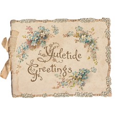 Antique Victorian Christmas Yuletide Greetings Booklet Silk Cord Forget Me Nots picture
