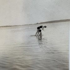 Vintage Photo Snapshot Young Lady Man In Swimsuit In Lake 1920s Swim Clothing picture
