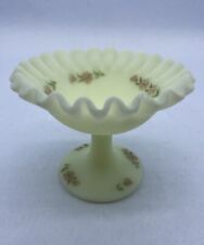 VNTG Fenton Custard Satin Glass Ruffled Edge Compote Pink Flowers Artist Signed picture