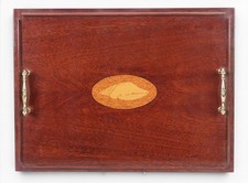 Gorgeous Antique Inlaid Mahogany Serving Tray with Brass Handles picture