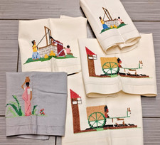 5 Vtg Cross Stitch linen Napkin Hand Stitched Edge Village life Man Woman India picture