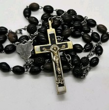 Crucifix of Golgotha Skull Catholic Rosary Vintage Carved Beads Black 24 in picture