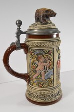 Vintage GERZ W Germany Beer Stein Bear Lid Tavern Cherub Relief Stoneware picture