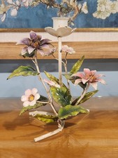 Vintage Italian Tole Toleware Metal Flowers Leaves Candle Holder picture