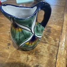 Mexican Talavera Folk Art Pottery Mini Pitcher Green Peacock Design 2 1/2” picture