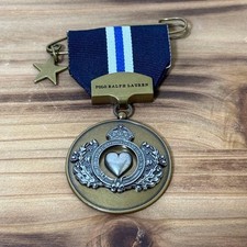 Polo Ralph Lauren Medal Pin Badge Heart Crown Stripe Ribbon Navy White Gold picture