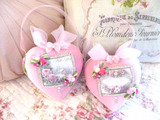 Set of Two - Large Puffy Pink Velvet Noel Jeweled Heart Ornaments picture
