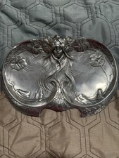 Fabulous Antique Art Nouveau Lady Floral Pewter tone Tray picture