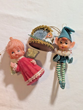 THREE Vintage Christmas Ornaments: Green Knee Hugger Elf, Flocked Angel, Mirror picture