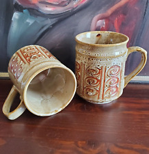 Vintage MCM Coffee Mugs Set Lot 2 Speckled Brown Speckles Swirls Drips Glazed picture