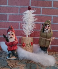 #2 Tiny Vintage Chalkware Belsnickel (s) With Feather Tree, Painted Crackle Base picture