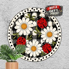 Cute Ladybug Couple Hugging Spring Flower Wreath Round Metal Tin Sign 8x8 In picture