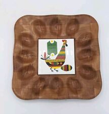 Vintage MCM Deviled Egg Serving Tray Tile Woven Wood Which Came First Chicken or picture