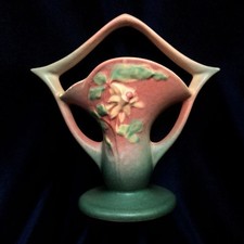 Roseville Pottery Columbine Pink Handled Basket Vase 365-7 Antique As Is Crack picture