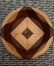 Vintage Handcrafted Geometric Mix Wood Bowl Brown Tan Round 6” Diameter picture