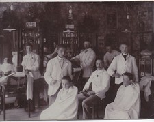 Wonderful Large 1890s Photo of European Barber Shop w/ Teenage Apprentices picture