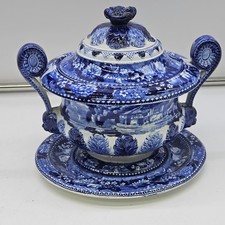 LA4 Historical Blue Staffordshire Tureen Lion Handles Adams Cottage Ducks C 1820 picture
