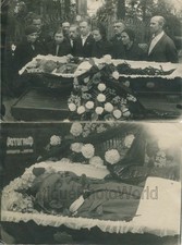Post mortem of old man in casket Russia two antique photos picture