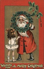 Tuck ~ Red Robe~Santa Claus with Wreath~Child Antique Christmas Postcard-k751 picture