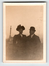 Photo Well Dressed Couple Man In Bowler Hat Woman In Large Bonnet Antique 1910s picture