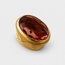 Vintage Italian Gold-Tone Pill Box with Faceted Pink Stone Ornate Floral Design picture