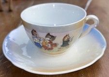 Vintage Victorian Porcelain Child's Tea Cup & Saucer Set Of 3 Cat Musicians picture