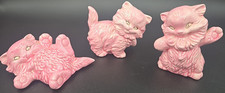 3 Vtg Hand Painted Ceramic Kittens Pink Kitschy Retro Signed Unique Nostalgia picture