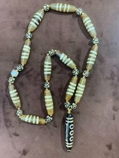 Tibetan Old Agate Dzi *4Stripes* Beads W/Agate Dzi *5Eyed* Bead Pendant Necklace picture