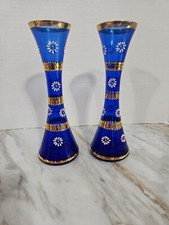 Vtg Cobalt Blue Flower Vases Bud Vase Handpainted Flroal Design With Gold Accent picture