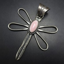 DELBERT SECATERO Navajo PINK CONCH SHELL Sterling Silver DRAGONFLY PENDANT picture