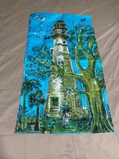 Vintage Key West Fabrics Lighthouse & Tree Blue Linen Tea Towel Susie Zuzek MINT picture