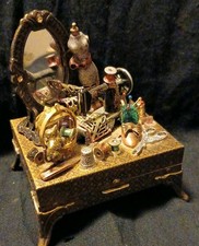 Vntg SWEET ROMANCE Hinged  3D Trinket Box Seamstress Sewing Table Brass Small picture