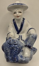 Vtg Porcelain Figure Statue Chinese Fisherman 2 Fish Blue and Gold picture