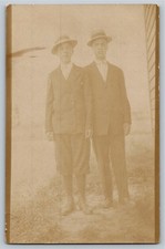 Vtg RPPC Two Young Men Boys Suits Hats Knickers Real Photo Postcard c1910s picture