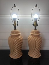 Vintage MCM Pair Pastel Peach Table Lamps Ginger Jar 60s CHINOISERIE Ceramic 26