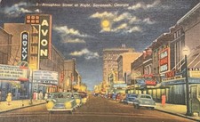 Vintage Postcard Savannah GA Broughton Street At Night AVON Theatre Neon Cars picture