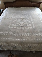 Vintage Hand CROCHETED LACE Cream Off-White Coverlet Queen 60 x 80 Rose Motif picture