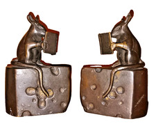 Vintage Set Bronze Mice Mouse Reading Books on Swiss Cheese Wedges Bookends SPI  picture