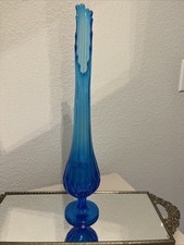 Vintage Fenton Colonial Blue Thumbprint Swung Vase 18” picture