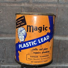 Rare Vintage Magic Plastic Lead Caulk Tin Can, Great Graphics Genie picture