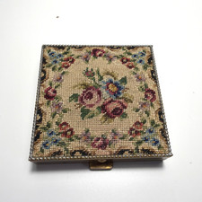 Vintage Schildkraut Petit Point Floral Tapestry Powder Compact Mirror Brass READ picture