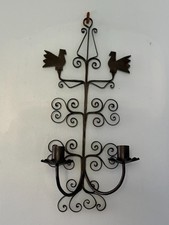 Vtg Hand Forged PA Dutch Wrought Iron Double Candle Sconce Distelfink Bird 15” picture