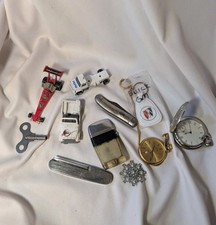 Vintage Junk Drawer Lot, Pocket Watches, Knives, Clock Key, Lighter, Cars (E) picture