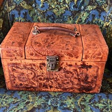 Vintage train travel Tooled Brown Leather Rectangle Box Floral Pattern picture
