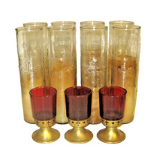 8 Vtg 1930s Christian Devotional DuraGlas Candle Holders Cross + 3 Red Votive picture