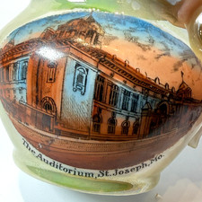 ST JOSEPH MO The Auditorium MISSOURI ANTIQUE Souvenir CHINA TRINKET PIG CUP picture