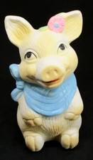 Porcelain Ceramic HP Pig Pink Flower Blue Scarf Piggy Bank with Stopper Vintage picture