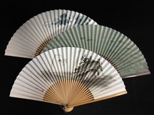 S0449 Vintage Japanese Bamboo Folding Fan Painted Paper Wall Decor Craft 3pc picture